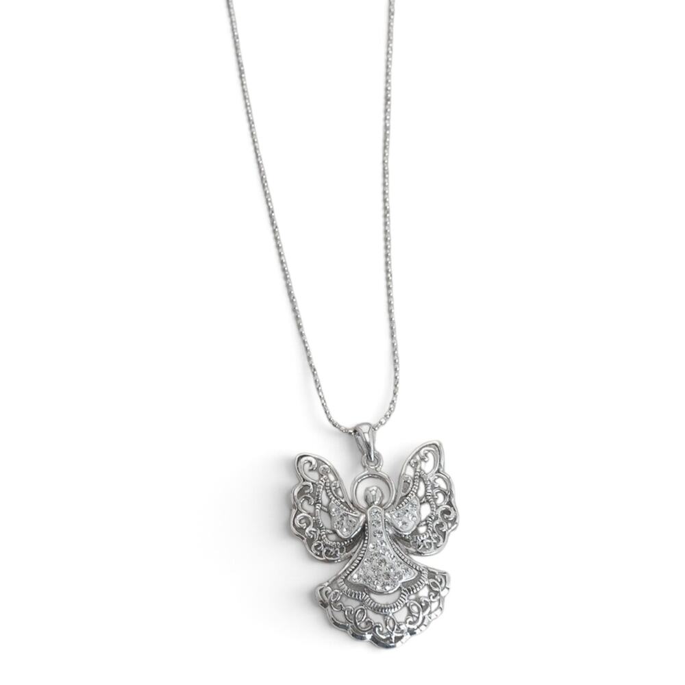 Sterling Silver 925 Filigree Angel Pendant Necklace Vintage Guardian Chain